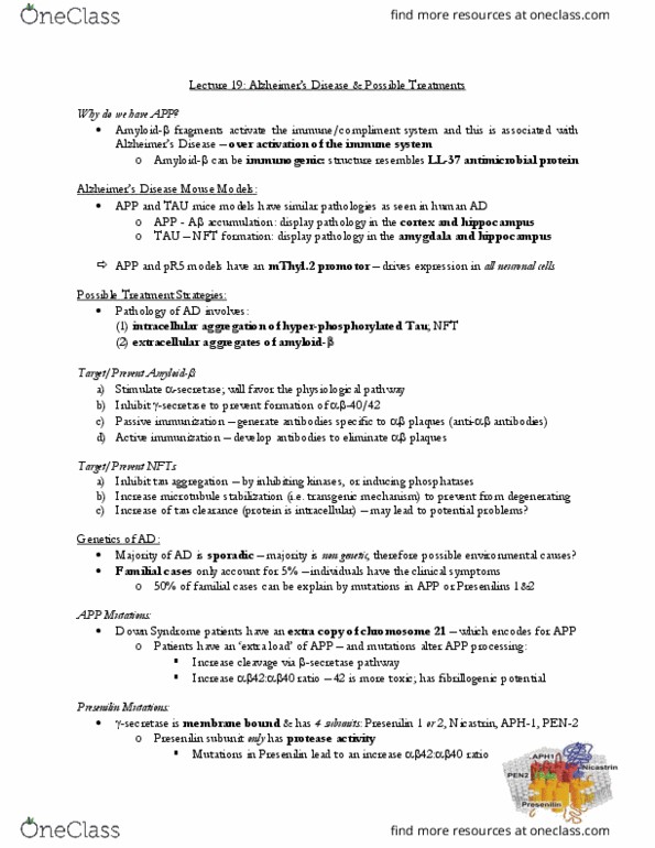 CSB332H1 Lecture Notes - Lecture 19: Psen1, Presenilin, Passive Immunity thumbnail