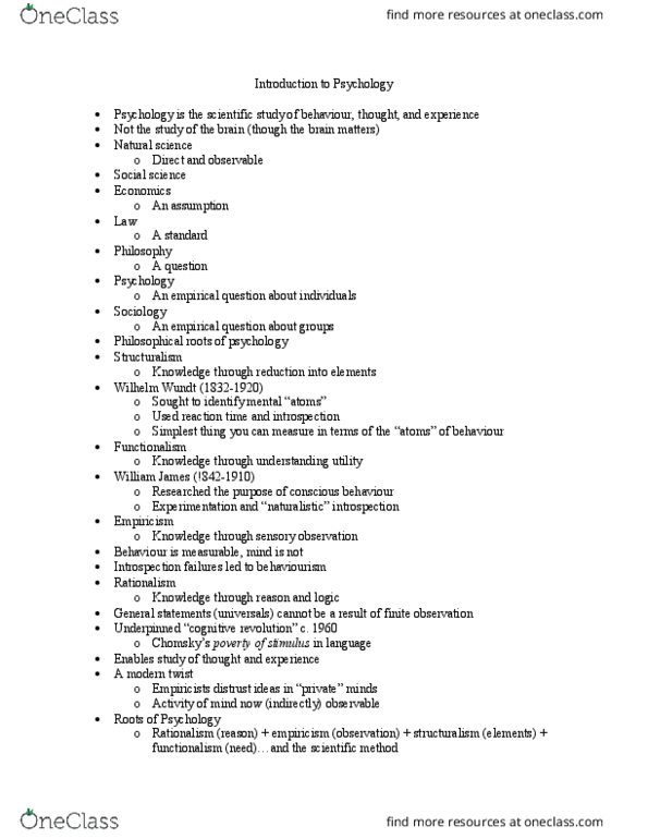 PSYC 100 Chapter Notes - Chapter 1: Wilhelm Wundt, Cognitive Revolution, Empiricism thumbnail