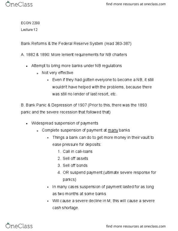 ECON 2200 Lecture Notes - Lecture 12: Federal Reserve System, Commercial Bank, National Monetary Commission thumbnail