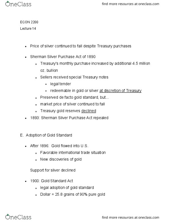 ECON 2200 Lecture Notes - Lecture 14: Sherman Silver Purchase Act, Gold Standard Act, Fiat Money thumbnail