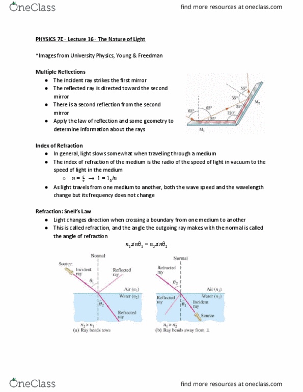 PHYSICS 7E Lecture Notes - Lecture 16: Refraction, Total Internal Reflection thumbnail