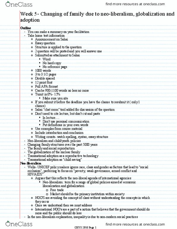 CHYS 2P38 Lecture Notes - Lecture 5: Chat Room, Neoliberalism, Nuclear Family thumbnail