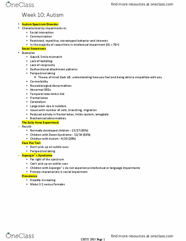CHYS 2P35 Lecture Notes - Lecture 10: Autism Spectrum, Frontal Lobe, Asperger Syndrome thumbnail