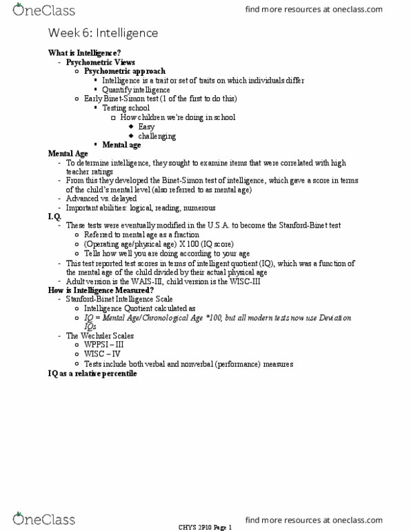 CHYS 2P10 Lecture Notes - Lecture 6: Intelligence Quotient, Wechsler Intelligence Scale For Children, Mental Age thumbnail