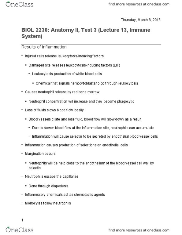 BIOL-2230 Lecture Notes - Lecture 13: Endothelium, Selectin, Blood Vessel thumbnail