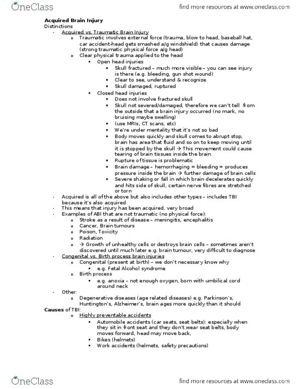 PSY345H5 Lecture Notes - Lecture 9: Traumatic Brain Injury, Applied Behavior Analysis, Brain Damage thumbnail