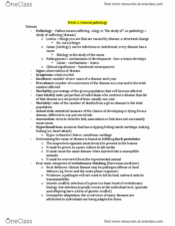 PATH 3610 Lecture Notes - Lecture 1: Acute-Phase Protein, Case Fatality Rate, Koch'S Postulates thumbnail