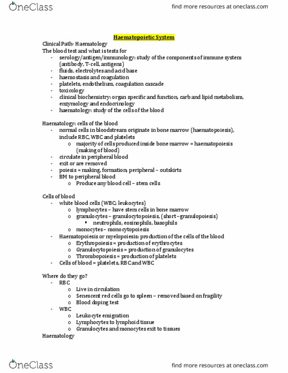 PATH 3610 Lecture Notes - Lecture 18: Bone Marrow Examination, Haematopoiesis, Hematology thumbnail