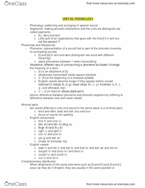 LING 1000 Lecture Notes - Lecture 7: Complementary Distribution, Phoneme, Nasalization thumbnail