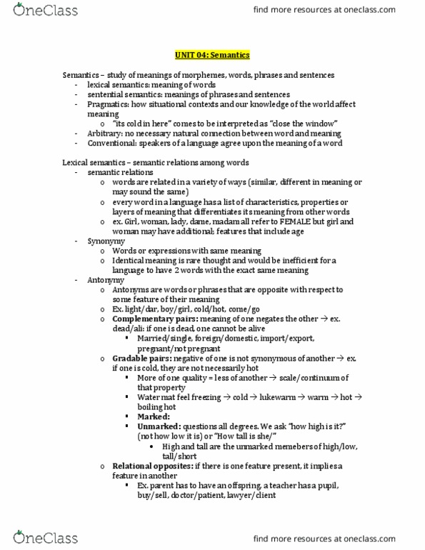 LING 1000 Lecture Notes - Lecture 4: Lexical Semantics, Pragmatics, Unit thumbnail