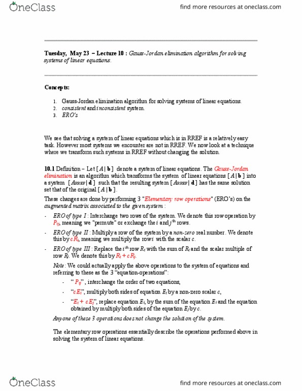 MATH136 Lecture Notes - Lecture 10: Elementary Matrix, Augmented Matrix, Solution Set thumbnail