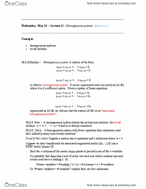 MATH136 Lecture Notes - Lecture 11: Augmented Matrix, Coefficient Matrix, Free Variables And Bound Variables thumbnail