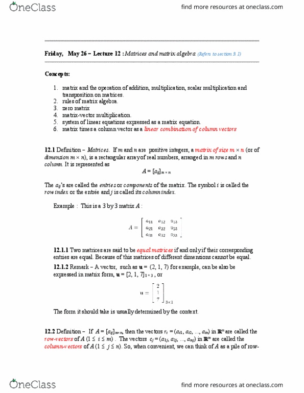 MATH136 Lecture Notes - Lecture 12: Row And Column Vectors, Scalar Multiplication, Linear Combination thumbnail