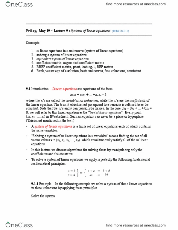 MATH136 Lecture Notes - Lecture 9: Coefficient Matrix, Augmented Matrix, Oberheim Matrix Synthesizers thumbnail