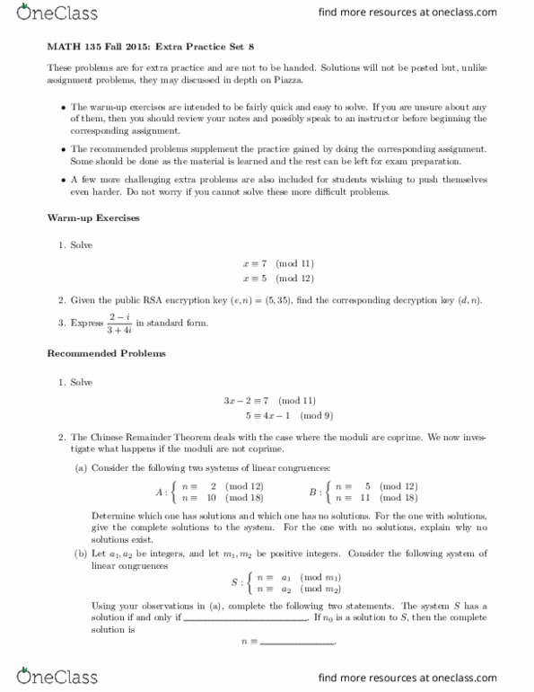 MATH135 Lecture Notes - Lecture 8: Chinese Remainder Theorem, Coprime Integers thumbnail