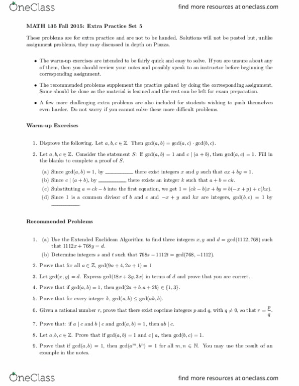 MATH135 Lecture Notes - Lecture 5: Extended Euclidean Algorithm, Coprime Integers, Rational Number thumbnail