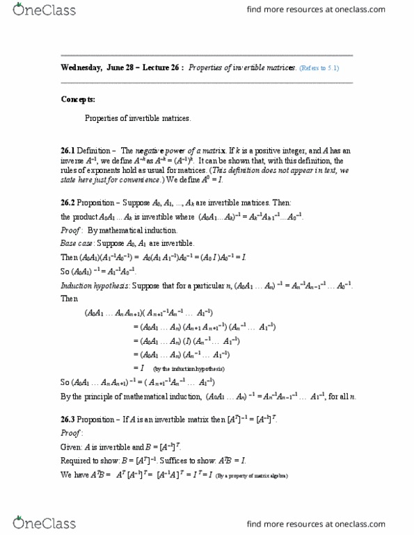 MATH136 Lecture Notes - Lecture 26: Invertible Matrix, Mathematical Induction thumbnail