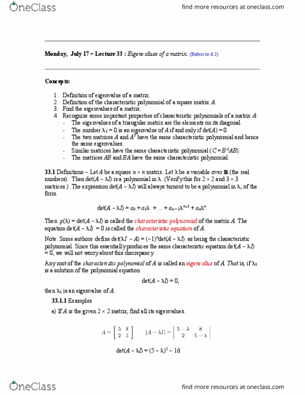 MATH136 Lecture Notes - Lecture 33: Algebraic Equation, Triangular Matrix, Invertible Matrix thumbnail