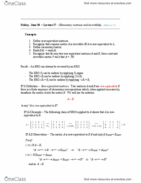 MATH136 Lecture Notes - Lecture 27: Elementary Matrix, Invertible Matrix, If And Only If thumbnail