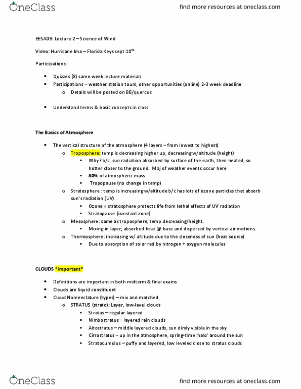 EESA09H3 Lecture Notes - Lecture 2: Stratus Cloud, Altostratus Cloud, Cirrostratus Cloud thumbnail