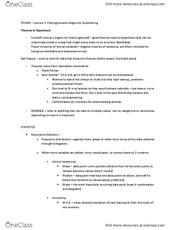 PSYA01H3 Lecture Notes - Lecture 4: Karl Popper, Social Grooming, Naturalistic Observation thumbnail