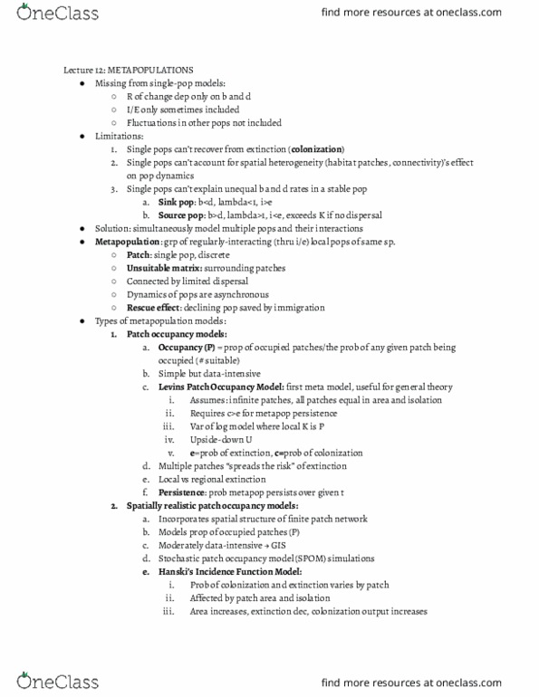 ESPM 114 Lecture Notes - Lecture 12: Metapopulation, Metamodeling thumbnail