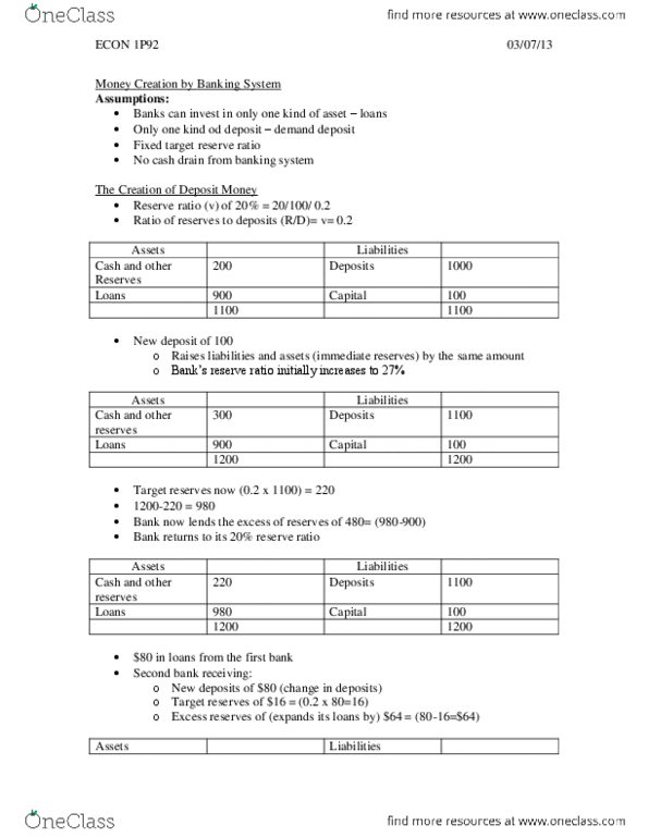 ECON 1P92 Lecture Notes - Reserve Requirement, Excess Reserves, Demand Deposit thumbnail