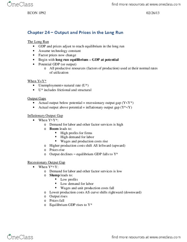 ECON 1P92 Lecture Notes - Output Gap, Potential Output, Price Level thumbnail