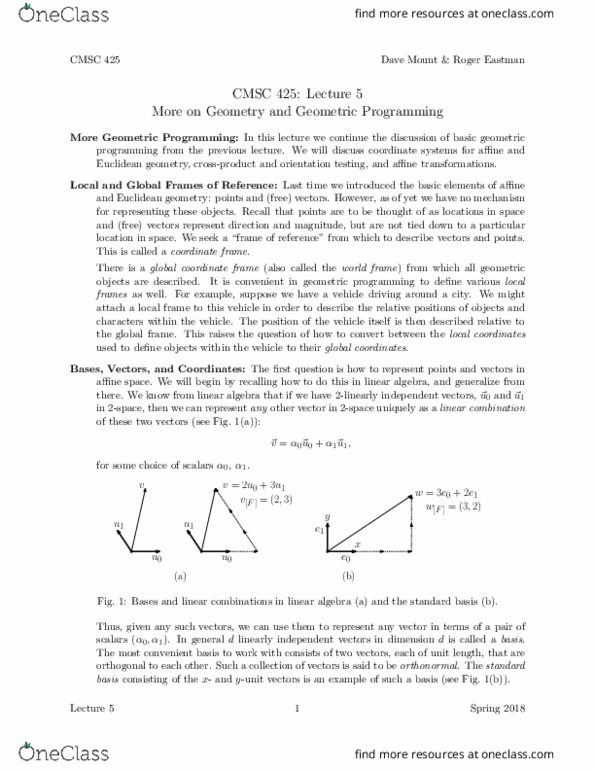CMSC 425 Lecture Notes - Lecture 5: Geometric Programming, Linear Algebra, Object-Oriented Programming thumbnail