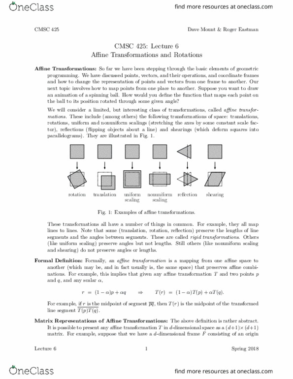 CMSC 425 Lecture Notes - Lecture 6: Homogeneous Coordinates, Rotation Matrix, Unit Vector thumbnail