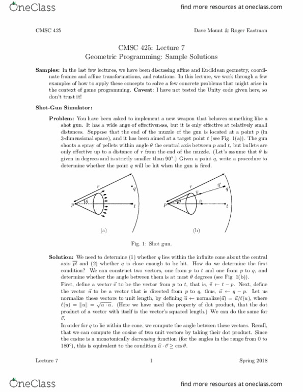 CMSC 425 Lecture Notes - Lecture 7: Euclidean Geometry, Unit Vector, Dot Product thumbnail