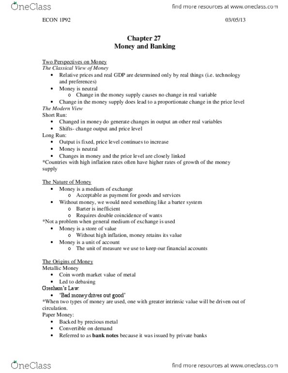 ECON 1P92 Lecture Notes - Precious Metal, Commercial Bank, Barter thumbnail