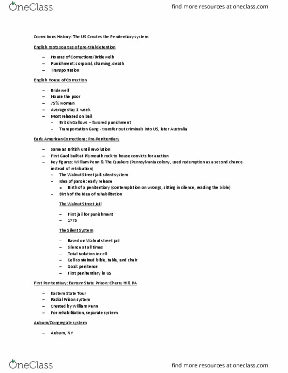 CRJU 300 Lecture Notes - Lecture 10: Walnut Street Prison, Auburn Correctional Facility, Block Design thumbnail