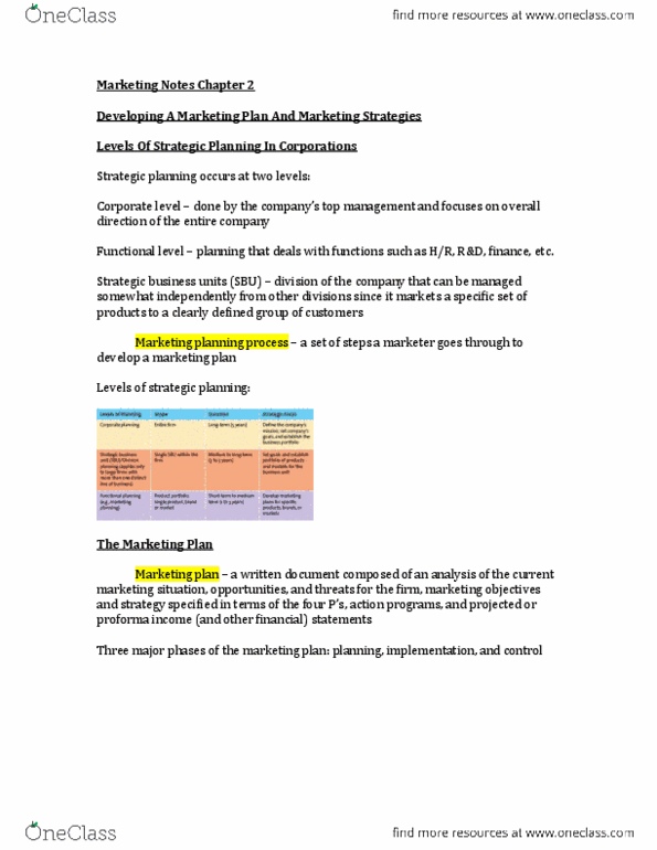 Management and Organizational Studies 2320A/B Chapter Notes - Chapter 2: Swot Analysis, Strategic Planning, Marketing Plan thumbnail