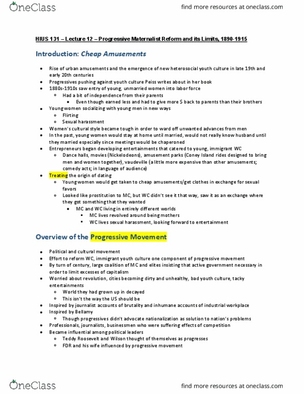 HIUS 131 Lecture Notes - Lecture 12: Theodore Roosevelt, Social Darwinism, Settlement Movement thumbnail