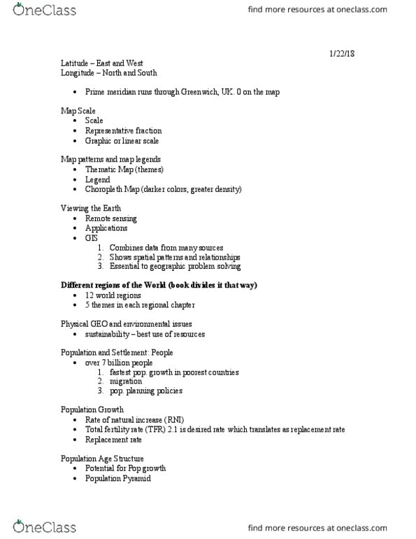 Geography GEO 1310 Lecture Notes - Lecture 1: Remote Sensing, Total Fertility Rate, Cartography thumbnail