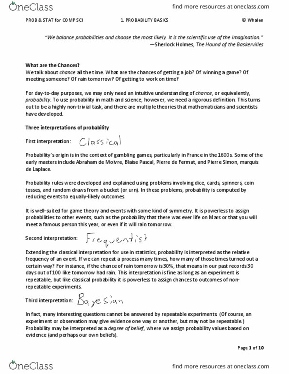 CS 3341 Lecture Notes - Lecture 1: Pierre De Fermat, Abraham De Moivre, Blaise Pascal thumbnail