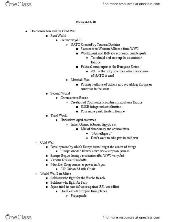 HIST 1400 Lecture Notes - Lecture 18: Cuban Missile Crisis, Truman Doctrine, Marshall Plan thumbnail
