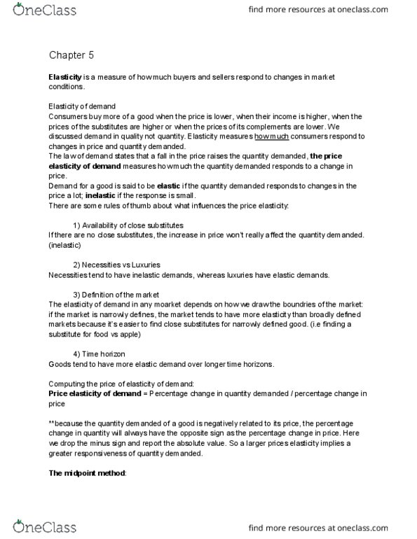 ECON 1 Chapter Notes - Chapter 5: Time Horizon, Midpoint Method, Normal Good thumbnail