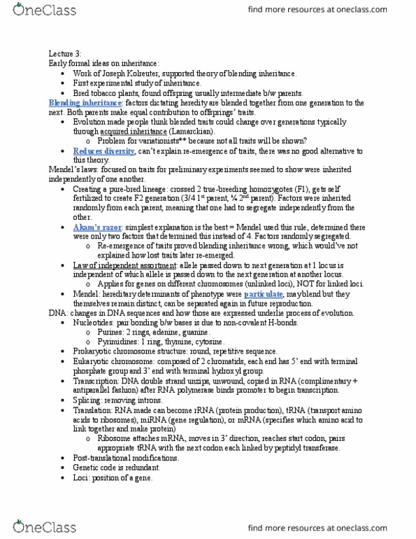 BIO 370 Lecture Notes - Lecture 3: Blending Inheritance, Mendelian Inheritance, Start Codon thumbnail