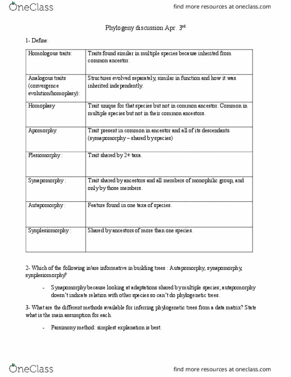 BIO 370 Study Guide Spring 2018, Quiz Autapomorphy, Symplesiomorphy