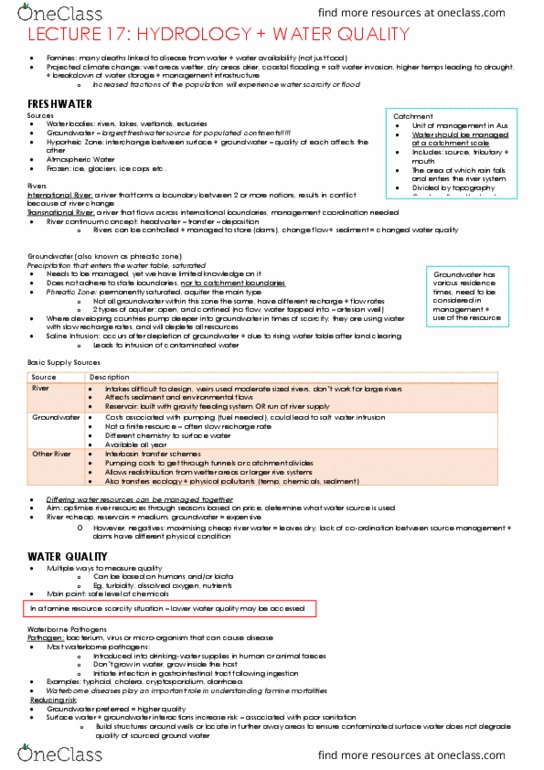 GEOG10001 Lecture Notes - Lecture 17: Phreatic Zone, Interbasin Transfer, Waterborne Diseases thumbnail