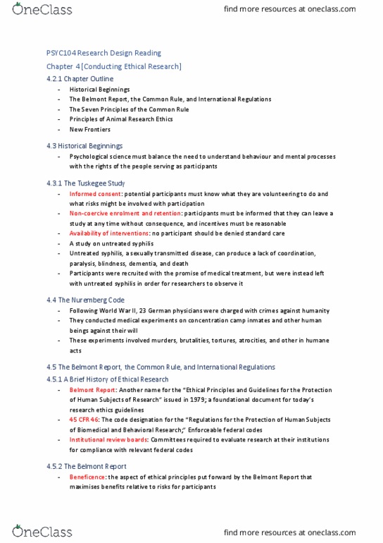 PSYC104 Chapter Notes - Chapter 4: Belmont Report, Sexually Transmitted Infection, Common Rule thumbnail