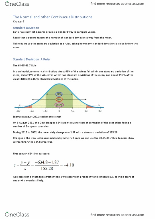 ECON 1011 Lecture Notes - Lecture 6: Normal Distribution, Standard Deviation, Unimodality thumbnail
