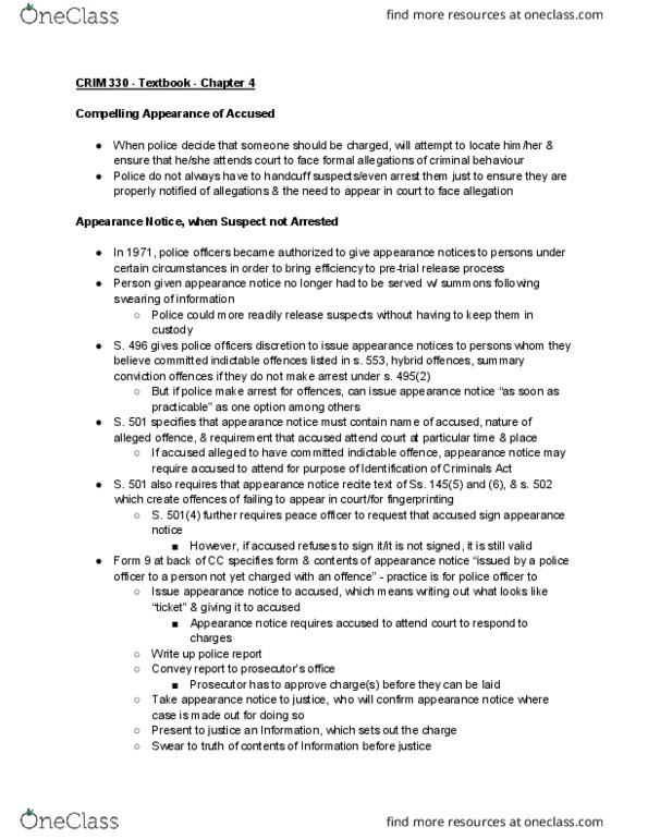 CRIM 330 Chapter Notes - Chapter 4: Indictable Offence, Hybrid Offence, Summary Offence thumbnail