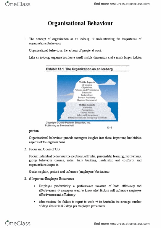 MGMT1001 Chapter Notes - Chapter 4: Organizational Behavior, Iceberg, Absenteeism thumbnail