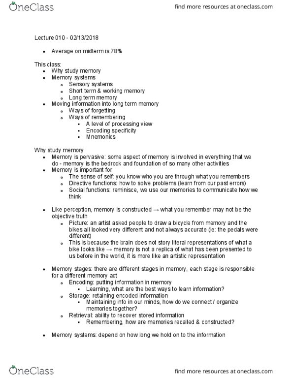 PSYC 213 Lecture Notes - Lecture 10: Long-Term Memory, Echoic Memory, Olfactory Bulb thumbnail