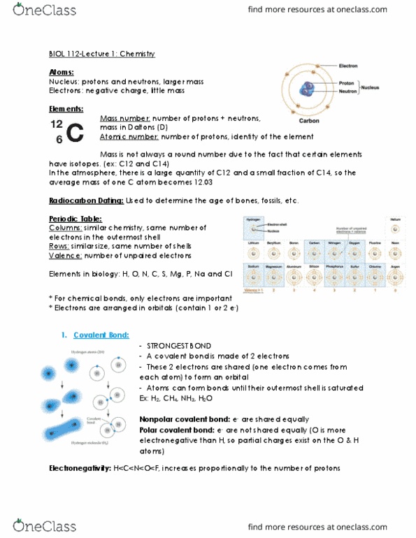 BIOL 112 Lecture Notes - Lecture 8: Atomic Number, Electronegativity, Mass Number thumbnail