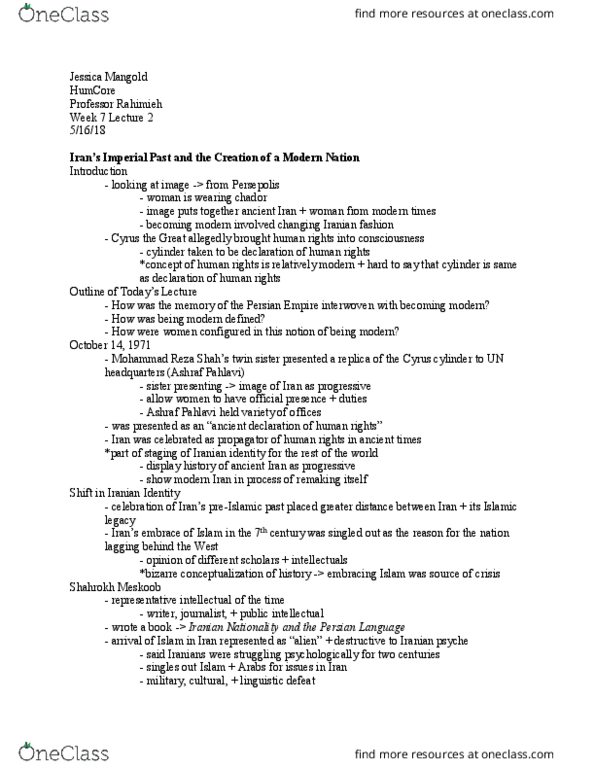 HUMAN 1C Lecture Notes - Lecture 14: Ashraf Pahlavi, Shahrokh Meskoob, Cyrus Cylinder thumbnail