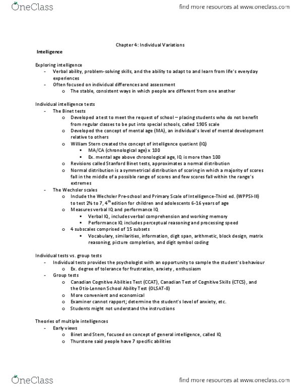 PSYCH212 Chapter Notes - Chapter 4: Cognitive Abilities Test, Intelligence Quotient, Theory Of Multiple Intelligences thumbnail